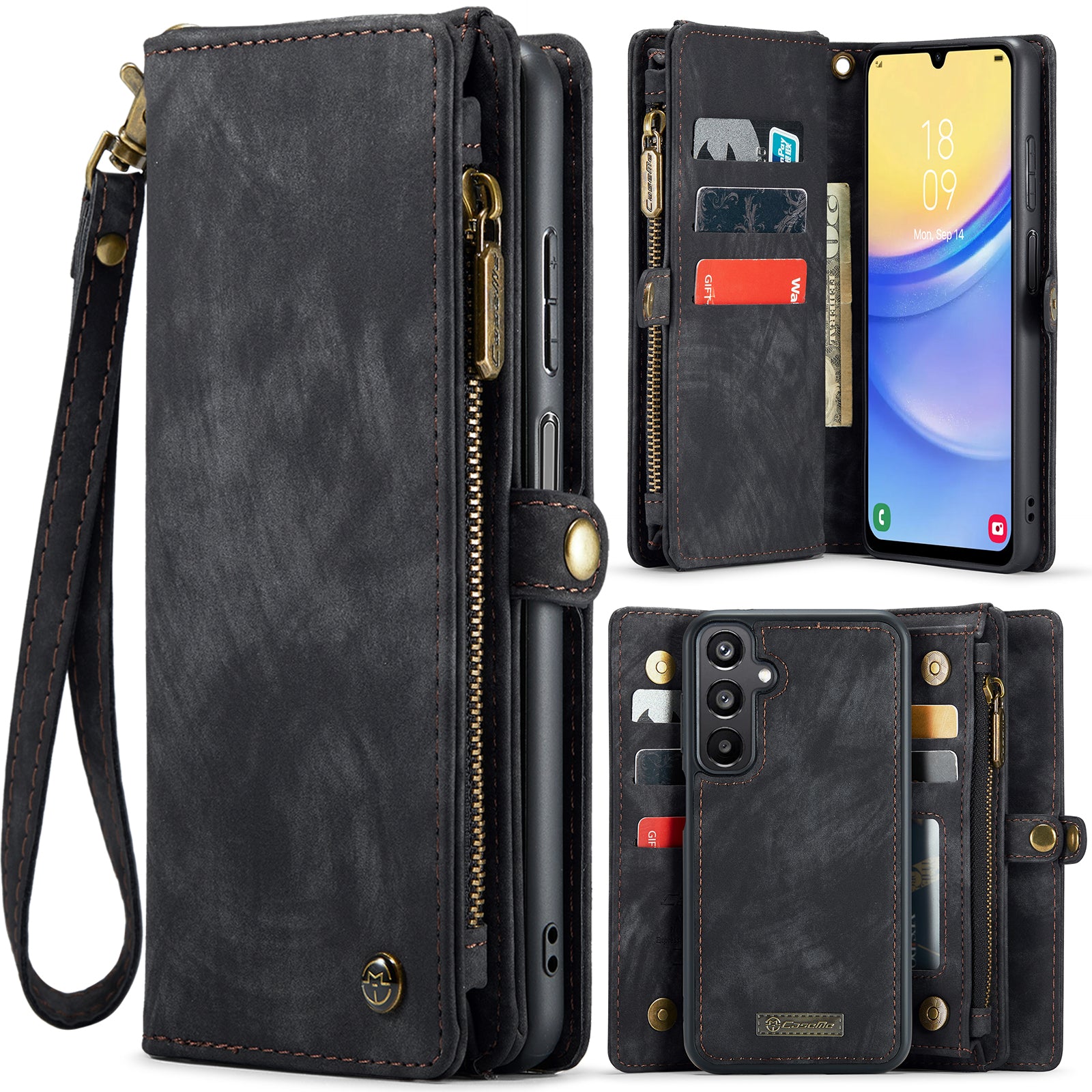 For Samsung Galaxy A16 5G / A16 4G Case CASEME 008 Series Detachable Leather Zipper Wallet Phone Cover - Black For Samsung Galaxy A16 5G / A16 4G Case CASEME 008 Series Detachable Leather Zipper Wallet Phone Cover - Black